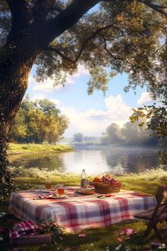 a picnic on the bank of a river