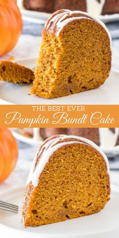 pumpkin bundt cake with cream cheese icing is cut in half and sits on a plate