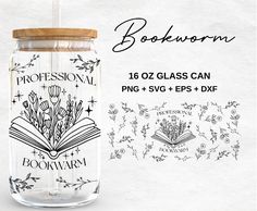 a glass jar with an open book on it and the words, bookworm written in black ink