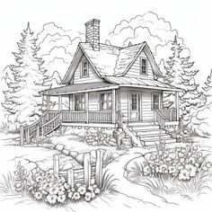 a drawing of a cabin in the woods with flowers and trees on the ground,