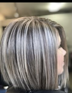 Light Brown Hair Gray Highlights, Dark With Platinum Highlights, Blond Gray Hair Color, Ash Gray Highlights On Black Hair, Mid 40's Hair For Women, Grey Transition Hair Highlights, Brown Hair Over 50, Highlight Ideas For Brown Hair, Long Bob Fine Hair