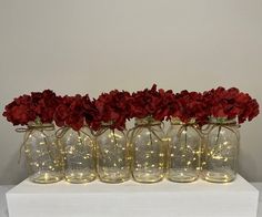 four glass jars with red flowers in them on a white shelf next to a wall