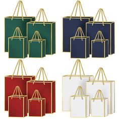 six different colored shopping bags with gold handles