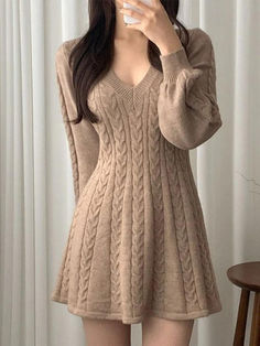 V Neck Long Sleeve Sweater Dress - AnotherChill Winter Sweater Dresses, Sweet Clothes, Flare Long Sleeve, Mini Dresses Online, Womens Knit Dresses, Dress Stores Online, Long Sleeve Knit Dress, Mini Robes, Long Sleeve Sweater Dress