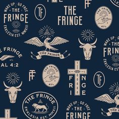 various logos and emblems on a blue background for the fringe festival, which is held in