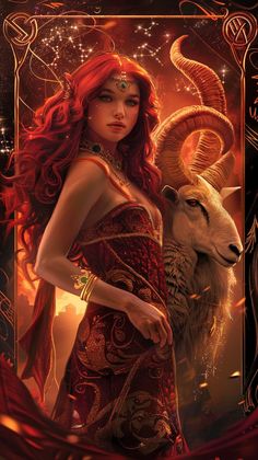 a woman with long red hair standing next to a goat in front of a golden frame