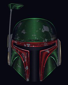 a star wars boba fett helmet with a green flag sticking out of it