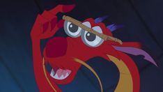 a red dragon with big eyes holding a stick