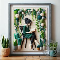 a woman sitting in a chair reading a book surrounded by plants and succulents