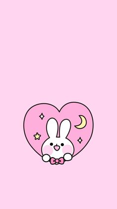 a pink heart with a white rabbit sitting on it's lap and the moon in the background