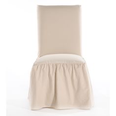 a beige chair with a ruffled skirt on it's back and seat cover