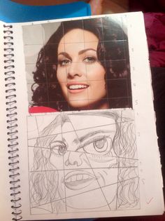 a drawing of a woman's face with different facial expressions on the page next to it