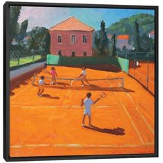 a painting of people playing tennis on an orange court