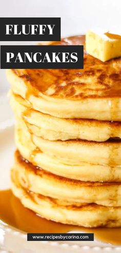 stack of fluffy pancakes with butter on top