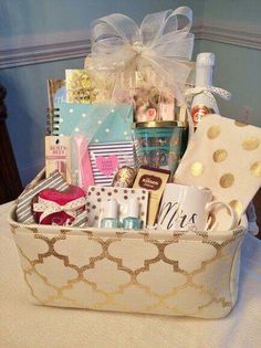 a basket filled with lots of items on top of a table