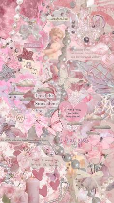 a pink and white collage with hearts, flowers, and other things on it