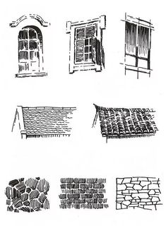 six different types of windows and shutters in black ink on white paper, each with an open window