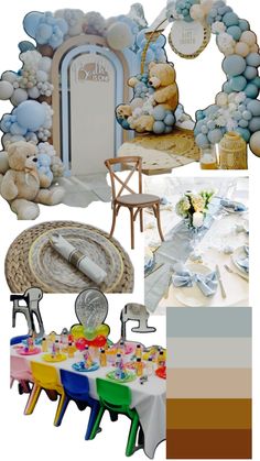 a collage of photos with balloons and other items in the background, including an arch