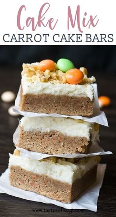 three pieces of cake stacked on top of each other with candies in the middle