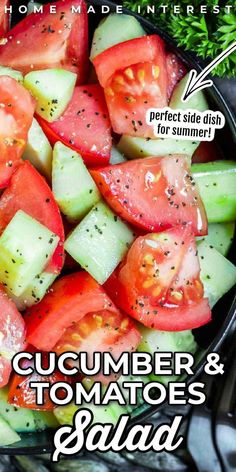 cucumber and tomatoes salad in a black bowl with the title text overlay