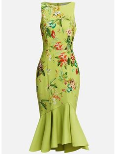 Green Floral Boat Neck Sleeveless Mermaid Midi Dress | fehaute