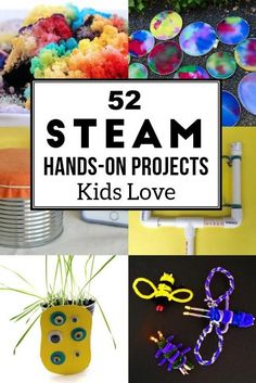 there are many different items that can be seen in this collage with the words 52 steam hands - on projects kids love