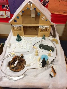 a doll house with snow and toys on the table