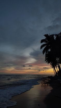 the sun is setting over the ocean with palm trees on the beach and waves coming in