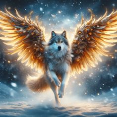 a wolf with wings flying through the air in front of snowflakes and stars