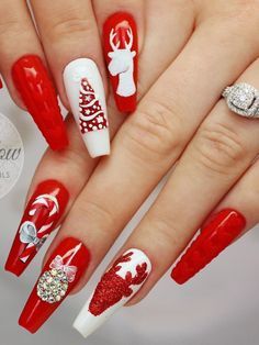 Christmas Nails 2019, Nail Art Noel, Christmas Nails Diy, Christmas Nail Art Easy, Red Christmas Nails, Red Acrylic Nails