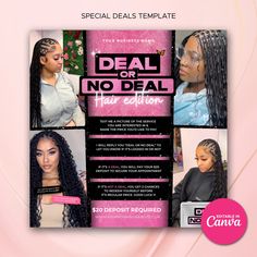 Boost your Black Friday promotions with a customizable Black Friday Hair Bookings Template and Hairstylist Boutique Black Friday Sales Flyers designed for social media. This editable Canva template bundle includes Instagram content, Black Friday flyer sets, and Cyber Monday flyer designs tailored for hair businesses, nail techs, lash techs, and beauty boutiques. This DIY template is perfect for showcasing sleek Black Friday Instagram templates, PMU deals, and Pink Friday sales, these are ideal f Hairstyles Flyer Design, Hair Model Needed Flyer, Flyers For Hairstylist, Deal Or No Deal Hair Flyer, Bring A Friend Hair Deal Flyer, Hair Gel Flyer, Braider Instagram Content, Hair Deals Flyer, Hair Business Flyer