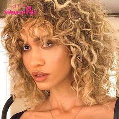 Highlight Short Bob Curly Wig with Bang Ombre Mix Brown Wonderful Brazilian Remy  Human Hair Wig Short Bangs Curly Hair, Lazy Curly Hairstyles, Curly Hair And Bangs, Bob Curly Wig, Curling Thick Hair, Short Bob Curly, Curly Shag, Curly Cuts, Haircut 2023