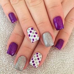 30+ Adorable Polka Dots Nail Designs | Art and Design Purple And Silver Nails, Shellac Pedicure, Polka Dot Nail Designs, Dot Nail Designs, Silver Nails