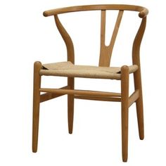 a wooden chair with a woven seat cushion