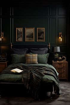 a bedroom with dark green walls and plaid bedspread, black comforter, two nightstands, and pictures on the wall