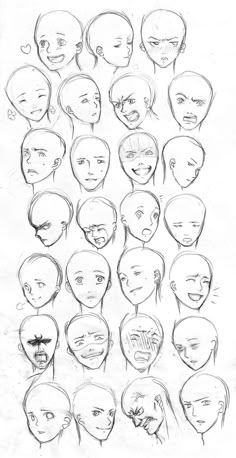 a bunch of different facial expressions drawn by someone's hand in pencil on paper