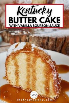 a close up of a piece of cake on a plate with caramel drizzle