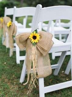 white chairs with burlocks and sunflowers tied to the back are lined up in rows