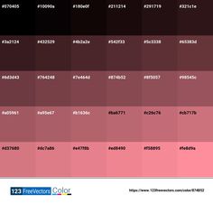 the color chart for different shades of pink, red and black with text below it