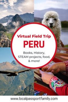 a collage of pictures with the words virtual field trip peru, books, history, steam projects, and more