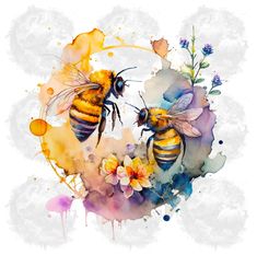 two bees are flying in the air with flowers and paint splatters around them