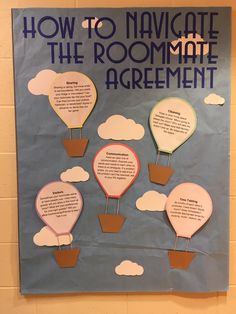 a bulletin board with hot air balloons in the sky and some words on it that read how to navigate the roommate agreement