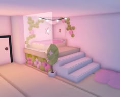 a room with pink walls and white stairs