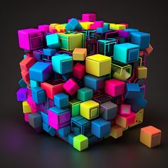 colorful cubes are stacked together in the shape of a ball on a black background