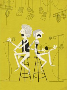 two people sitting on stools with microphones in front of them, one is singing to the other