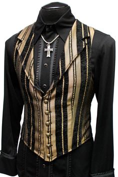 "A Victorian gentleman's vest with class. Great for formal occasions, can be worn under a suit jacket or by itself. Made in rich gold and black stripe tapestry fabric with black satin lining and back. This vest has a very flattering tapered fit and ties in back with satin belting so it can be made tighter in the waist. Fastens in front with six brass buttons. A notched collar adds extra style. Comes in sizes small-XXXL. Smoooth! Size small = chest 39\" waist 36\" Size medium = chest 42\" waist 3 Aristocrat Vest, Mode Steampunk, Victorian Gentleman, Victorian Steampunk, Corte De Cabelo Masculino, Steampunk Clothing, Mens Vests, Dieselpunk, Steampunk Fashion