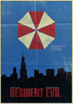 a movie poster for resident evil with an umbrella in the sky over a cityscape