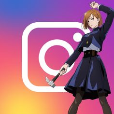 an anime character holding a large ax in front of a pink and blue background with the instagram logo