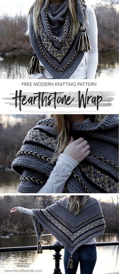 a woman wearing a knitted shawl with text overlay that reads free modern knitting pattern heartbeat stone wrap