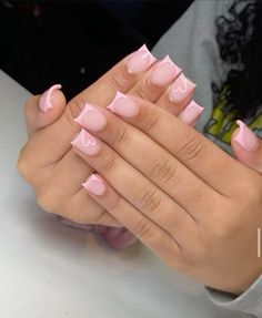 French Tip Short Nails Acrylics, Pink Nails Ideas French Tip, Short Pink Nail Art Designs, Short Nails With Pink Design, Short Nails Length, Purple French Tips With Design, Soft Pink Nails French Tip, Pink French Tip Nails With Heart Design, Pink Nails Pink French Tip